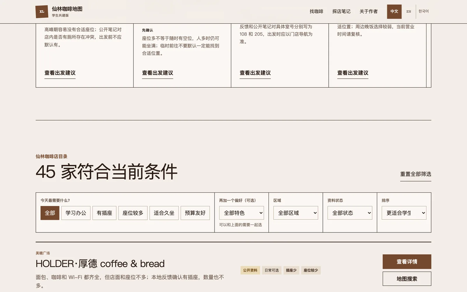 门店目录：45 家符合当前条件，上方是今天最需要什么、再加一个偏好、区域、资料状态和排序五组筛选。