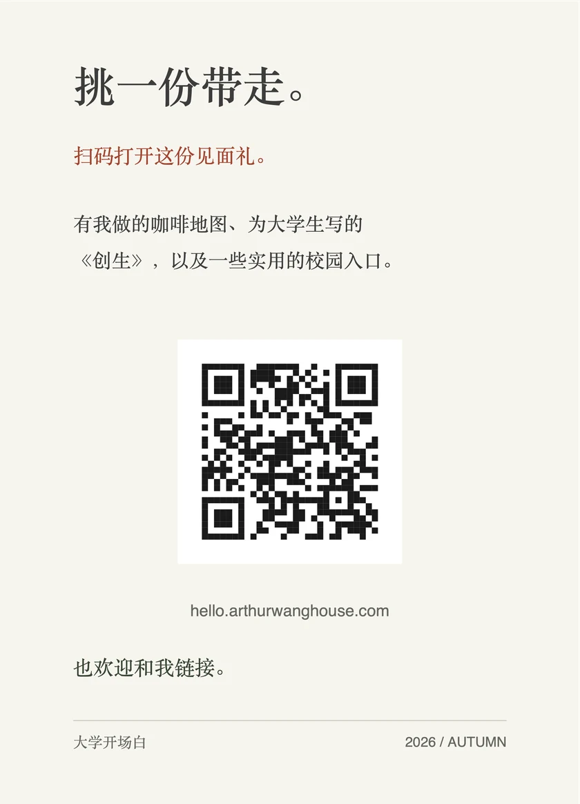 小卡背面：挑一份带走。扫码打开这份见面礼，二维码与网址 hello.arthurwanghouse.com。