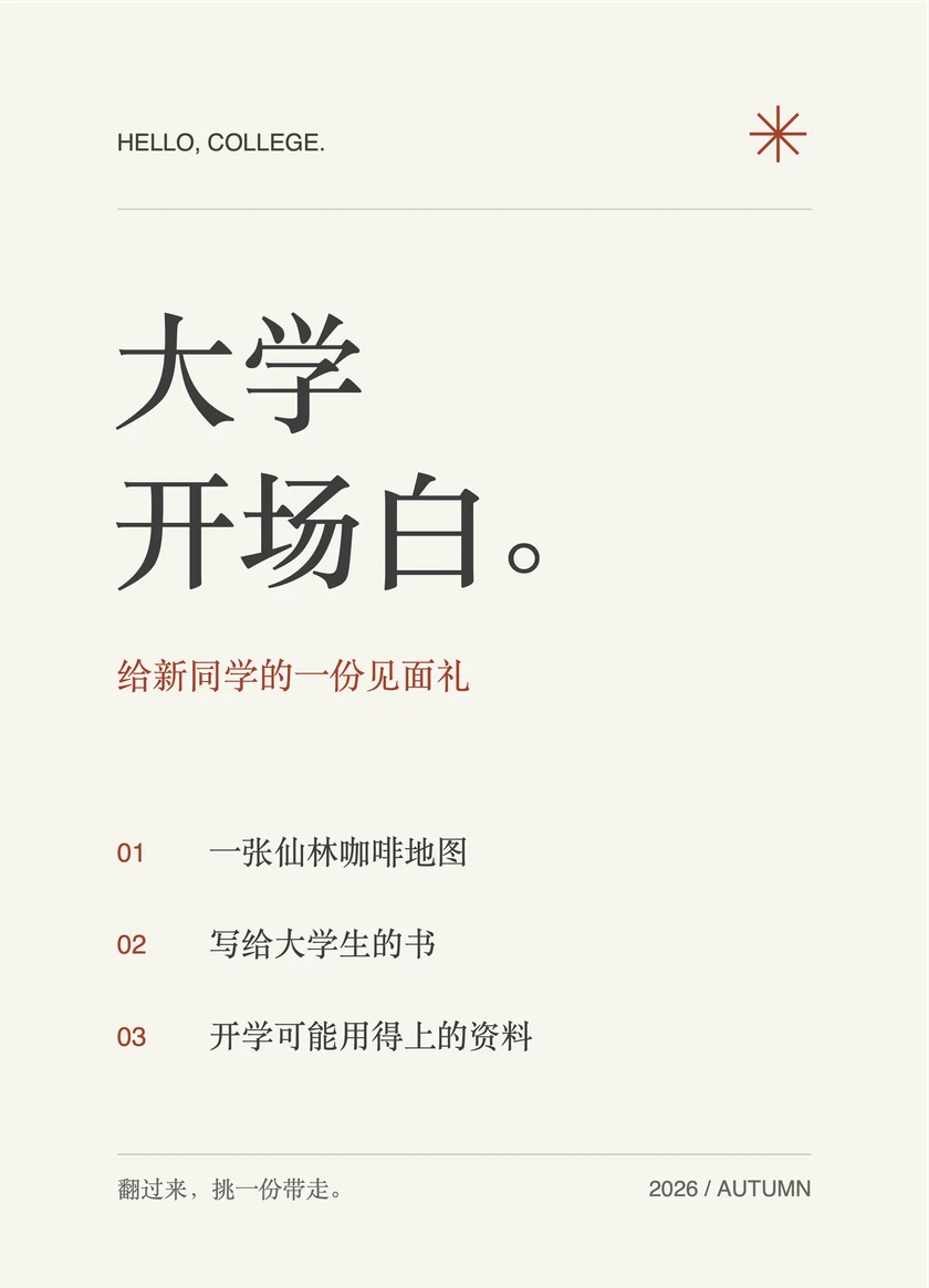 小卡正面：HELLO, COLLEGE. 大学开场白。给新同学的一份见面礼，列出咖啡地图、写给大学生的书、开学资料三项。