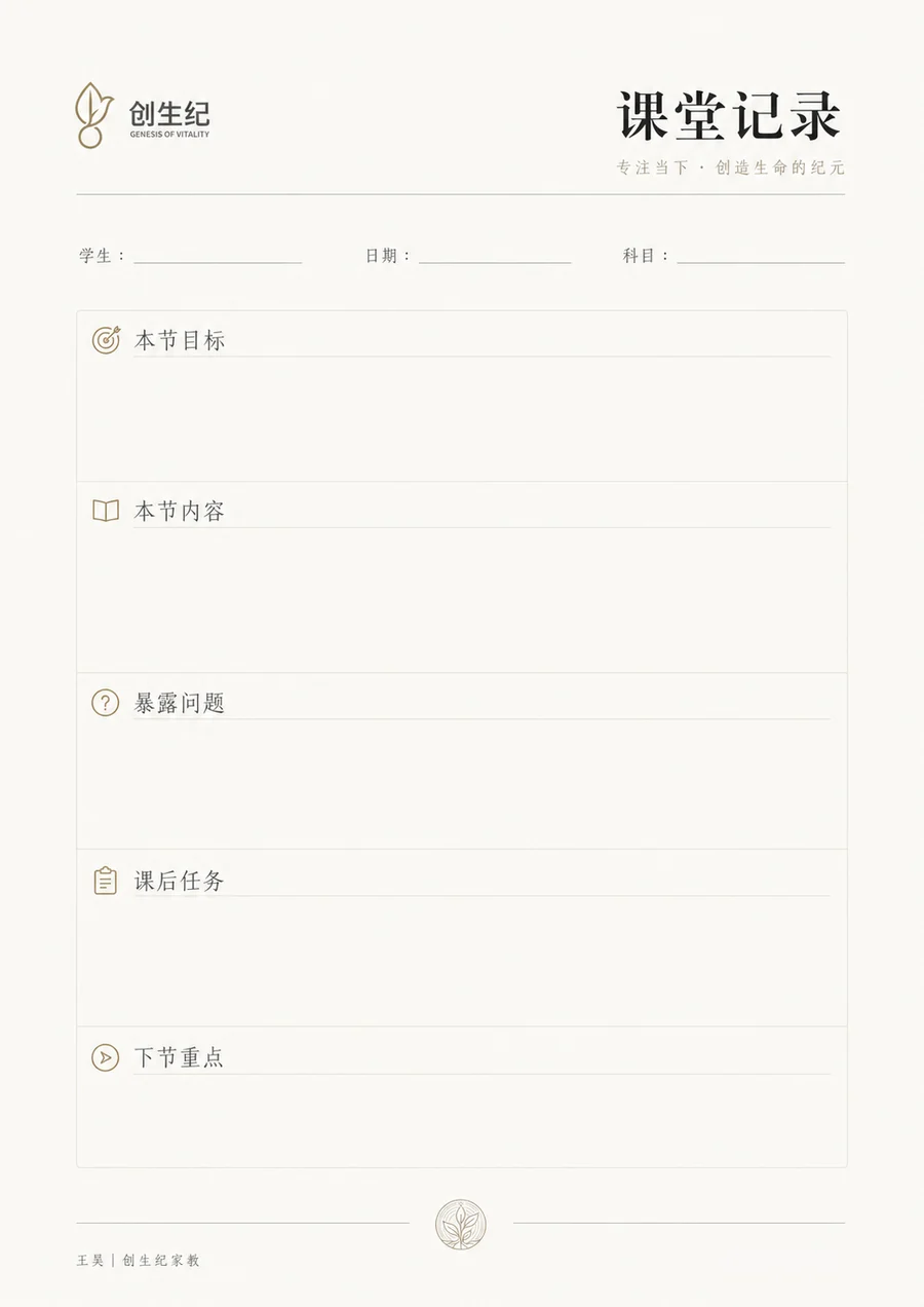 课堂记录：本节目标、本节内容、暴露问题、课后任务、下节重点。