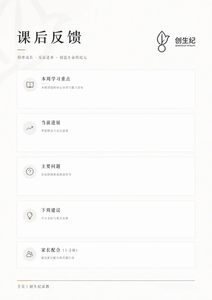 课后反馈：本周学习重点、当前进展、主要问题、下周建议、家长配合。