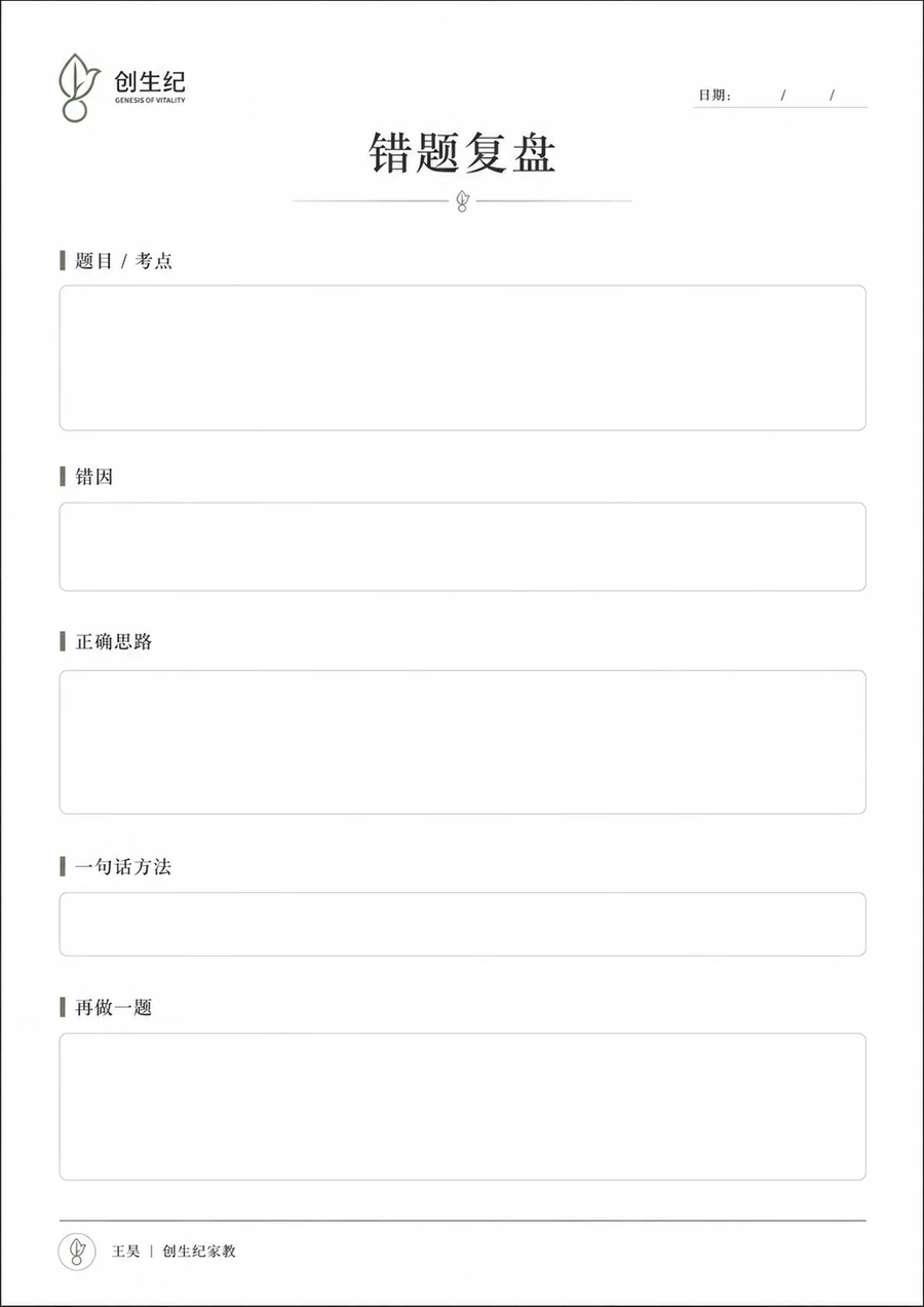 错题复盘：题目与考点、错因、正确思路、一句话方法、再做一题。